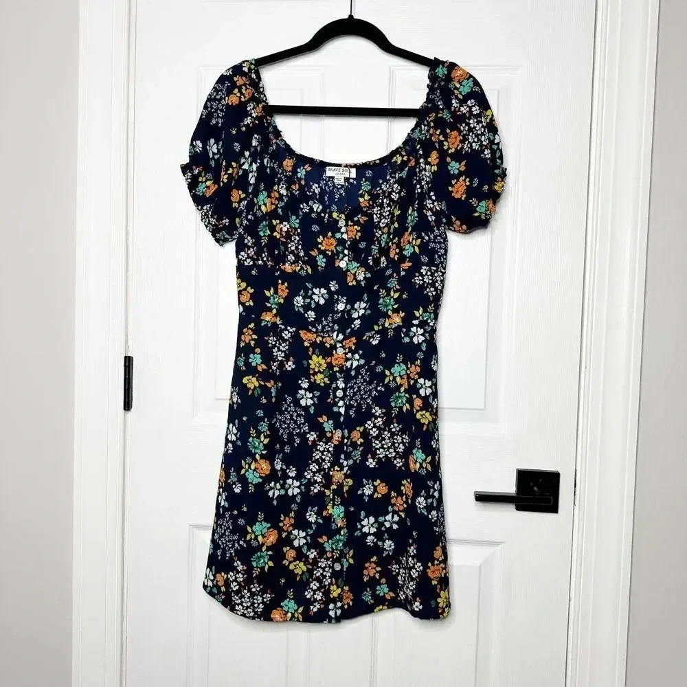 BRAVE SOUL LONDON‎ Womens Large Navy Ditsy Floral Button Front Mini Dress